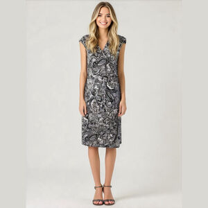 Chaps Womens Medium Blue Paisley Sleeveless Ruched Faux Wrap Midi Sheath Dress